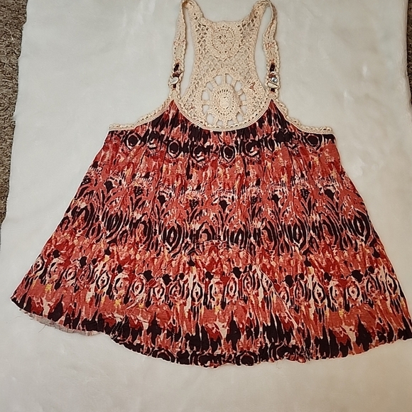FREE PEOPLE Red Aztec Print Bohemian Top With Shell Detail - Picture 4 of 11